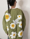 Military Green Embroidery Floral Padded Coat  #241259